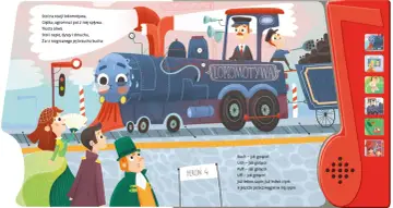 Ilustracja do wierszy Juliana Tuwima. Lokomotywa na stacji, z maszynistą i palaczem, czeka na pasażerów.