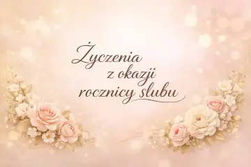 Eleganckie życzenia na rocznicę ślubu, ozdobione pastelowymi różami i delikatnymi światłami.