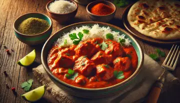 Aksamitny chicken masala z ryżem, podany z plackiem naan i limonką.