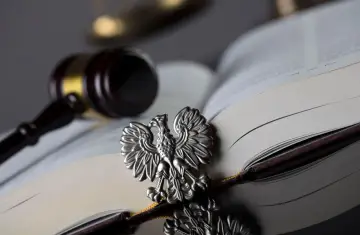 Srebrny orzeł, symbol Polski, spoczywa na otwartej księdze obok młotka sędziowskiego. Symbolika prawa i sprawiedliwości, nawiązująca do trybunału stanu.