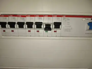 Zabezpieczenie przedlicznikowe ABB z kilkoma wyłącznikami nadprądowymi.