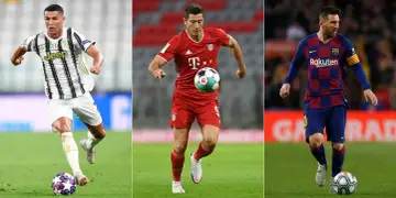 Trzej kandydaci do tytułu piłkarz roku FIFA: Cristiano Ronaldo, Robert Lewandowski i Leo Messi w akcji na boisku.