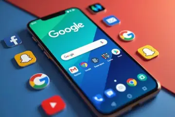 Smartfon z paskiem wyszukiwania Google. Ikony Facebook, Snapchat, YouTube i Google unoszą się wokół. Jak dodać pasek wyszukiwania Google?