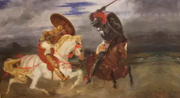Dwóch rycerzy na koniach ściera się w walce, uosabiając średniowieczny etos rycerski.