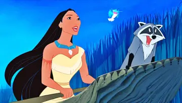 Pocahontas i jej przyjaciel Meeko w łodzi, jak w klasycznych bajkach Disneya. Kolorowy ptak lata nad nimi.