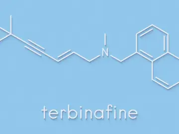 Struktura chemiczna terbinafiny, leku stosowanego w leczeniu infekcji grzybiczych.