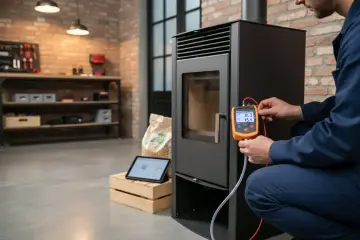 Tecnico effettua controllo su stufa a pellet, garantendo assistenza stufe a pellet multimarca. Strumentazione digitale e tablet per diagnosi precise.