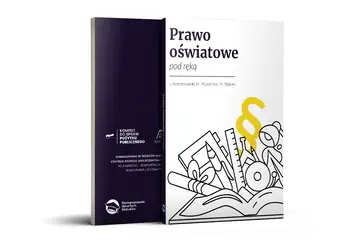Książka "Prawo oświatowe pod ręką" zawiera przepisy ustawy z dnia 14 grudnia 2016 r. prawo oświatowe. Ilustracja symbolizuje naukę i prawo.