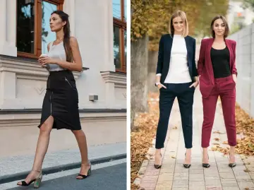 Eleganckie kobiety w stylizacjach inspirowanych latami 50. Jedna w czarnej spódnicy i topie, druga w granatowym i bordowym garniturze.
