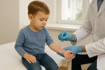 Un enfant subit un test cutané pour diagnostiquer une allergie au maïs. Le médecin, ganté, utilise un instrument pour introduire des allergènes sur son bras.