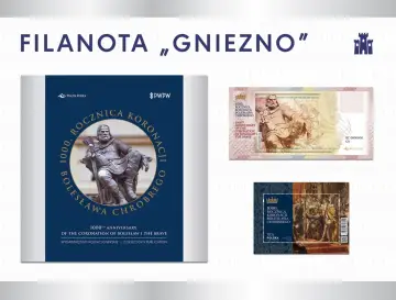 Kolekcjonerski znaczek pocztowy z Bolesławem Chrobrym, upamiętniający 1000. rocznicę koronacji.
