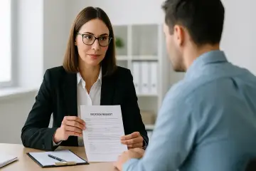Kobieta w okularach trzyma w ręku dokument "VACATION REQUEST", pytając pracownika, czy zakład może dysponować jego urlopem.