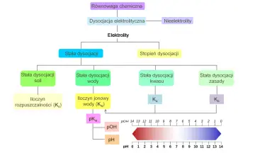 Diagram przedstawia elektrolity i ich stałe dysocjacji, w tym stopień dysocjacji. Pokazuje też zależności między pH, pOH i stałymi dysocjacji.