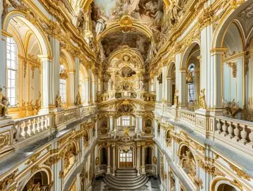 Złocona, monumentalna architektura barokowa z malowidłami na suficie i rzeźbami.