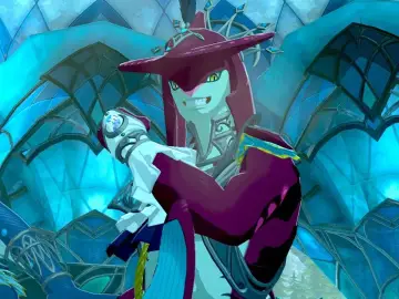 Sidon, el príncipe Zora, sonríe con confianza en la región de los Zora, con su armadura brillante y el fondo azul cristalino.