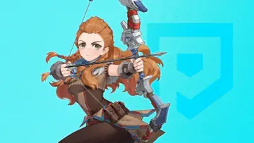 Aloy z Genshin Impact celuje z łuku, gotowa do strzału.