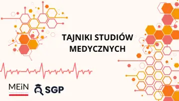 Grafika z hasłem "Tajniki studiów medycznych" i symbolem EKG. Dowiadujemy się, ile trwa zostanie lekarzem.