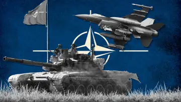 Czołg i myśliwiec na tle flagi NATO. Polska w NATO to symbol siły i bezpieczeństwa.