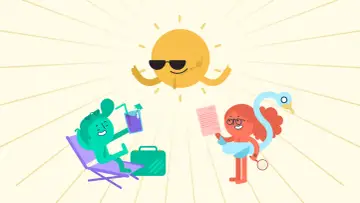 Sonnige **Herbstferien 2026 Niedersachsen**! Ein grüner Charakter entspannt, ein anderer liest, während die Sonne mit Sonnenbrille grüßt.