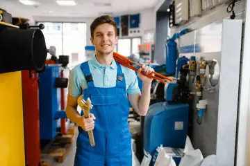 Uśmiechnięty hydraulik w Lublinie z kluczem i obcęgami, gotowy do pracy.