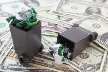 Dwa małe kosze na śmieci wypełnione pogniecionymi papierkami leżą na stosie banknotów dolarowych. Symbolizuje to opłatę za śmieci w miejscu zamieszkania czy zameldowania.