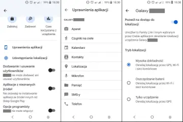 Jak pozbyć się Family Link? Ekran telefonu pokazuje ustawienia lokalizacji i uprawnienia aplikacji, co może pomóc w zarządzaniu kontrolą rodzicielską.