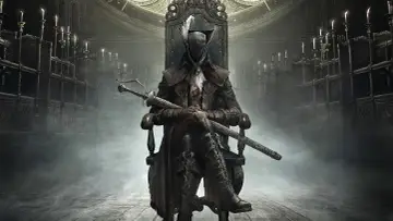 Lady Maria Bloodborne siedzi na tronie, trzymając miecz. W tle świece i mgła.
