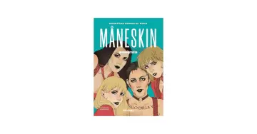 Okładka monografii o zespole Måneskin, przedstawiająca ilustracje członków zespołu. Idealna dla fanów, którzy chcą poznać historię i twórczość Måneskin, w tym ich najlepsze utwory.
