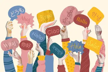 Wiele rąk trzyma chmurki z napisami "Witaj", "你好", "Hello", "Ciao", "Xin chào", "Hallo", "안녕하세요", "नमस्ते", "Hola", "Salut". Znikła bariera językowa!