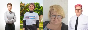 Cztery osoby niebinarne w Polsce. Jedna w koszulce z napisem "#JestemPrzeciwTransfobii", dwie w okularach, jedna z różowymi włosami.