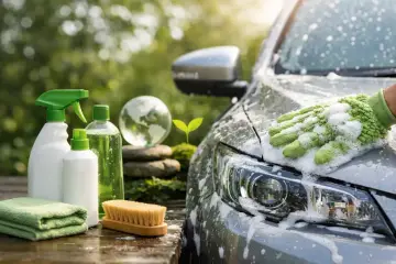 Tvätta bilen hemma med miljövänliga produkter. En hand med tvätthandske tvättar bilen i solljus.