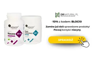 Dwa opakowania suplementu diety Aliness: Niacyna 500 mg (kapsułki) i Kwas nikotynowy (proszek). Odkryj korzyści niacynobazy.