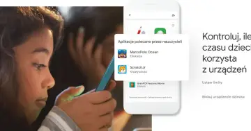 Jak usunąć Family Link bez usuwania konta Google? Dziecko korzysta z telefonu, na ekranie aplikacje edukacyjne.