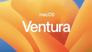 Logo macOS Ventura na pomarańczowym tle z falistymi kształtami.