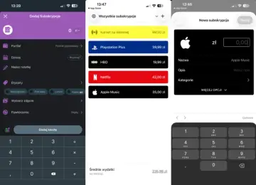 Aplikacja do zarządzania subskrypcjami. Widzimy listę subskrypcji, takich jak Netflix, HBO, Apple Music, Playstation Plus i karnet na siłownię. Można tu dodawać nowe subskrypcje i śledzić wydatki, co pomaga w zarządzaniu finansami i zastanowić się, jak...