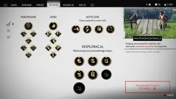Drzewko umiejętności z gry Ghost of Tsushima: parowanie, uniki, mityczne techniki i eksploracja. Wiatr koncentracji prowadzi do wyzwań łuczniczych.