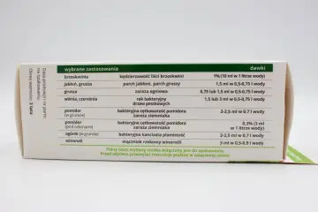 Tabela z zastosowaniami i dawkami Miedzian Extra 350 SC. Podano m.in. miedzian extra 350 sc dawkowanie na litr dla brzoskwini, jabłoni, pomidorów.