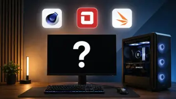 Komputer z podświetlanym chłodzeniem i kartą GeForce RTX, gotowy na test wydajności. Nad monitorem ikony programów: Cinema 4D, DaVinci Resolve, Blender.