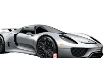 Srebrny Porsche 918 Spyder na białym tle, z widocznym logo "Auto Świat".