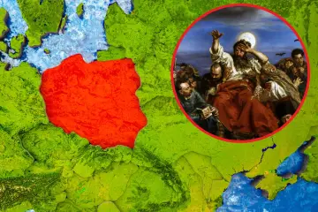 Mapa Europy z zaznaczoną Polską. W okręgu obraz przedstawiający proroka Wernyhorę w otoczeniu ludzi, zapowiadającego przyszłość.