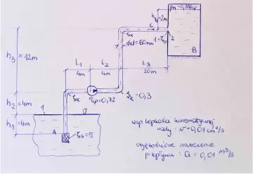 Schemat instalacji hydraulicznej z pompą, zbiornikami i rurami o średnicy 60mm. Obliczenia uwzględniają objętość rury i straty ciśnienia.