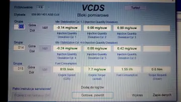 Ekran VCDS pokazuje dane o pracy silnika, w tym odchylenia wtrysku, co pomaga jak sprawdzić wtryski VCDS.