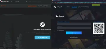 Na stronie Skinport widać okno logowania do Steam, brak połączonego konta Steam.