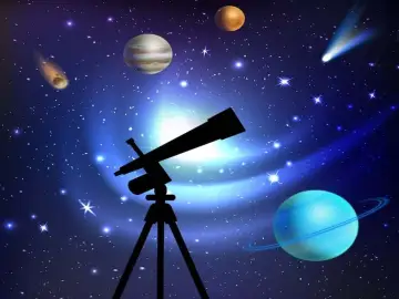 Teleskop na statywie obserwuje kosmos. Widać planety, komety i gwiazdy. Młody astronom marzy o odkryciach.
