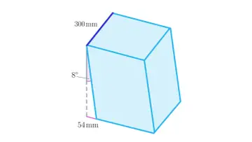 Przekrój bryły, ukazujący geometrię przestrzenną i wzory: wymiary 300mm, 54mm i kąt 8°.