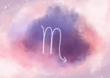 Symbol Skorpiona na tle akwarelowych plam w odcieniach różu i fioletu. Znak zodiaku dla urodzonych 22 października.