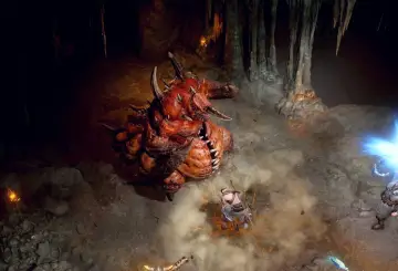 Potężny Duriel z Diablo 2, otoczony przez bohaterów w mrocznej jaskini, szykuje się do ataku.