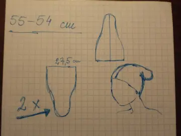 Szkic pokazuje, jak zrobić czapkę smerfa: wzór czapki, jej wymiary (55-54 cm, 27,5 cm) i potrzebne dwa kawałki materiału.