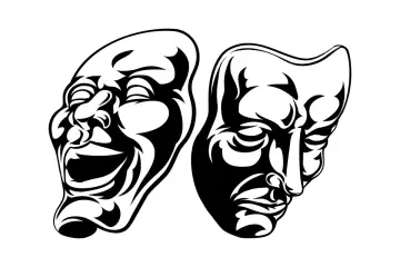 Dwie maski teatralne: jedna śmieje się histerycznie, druga wyraża głęboki tragizm.