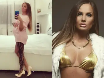 Schwesta Ewa w różowej sukience i z tatuażem na nodze, obok w złotym bikini i białym futrze.